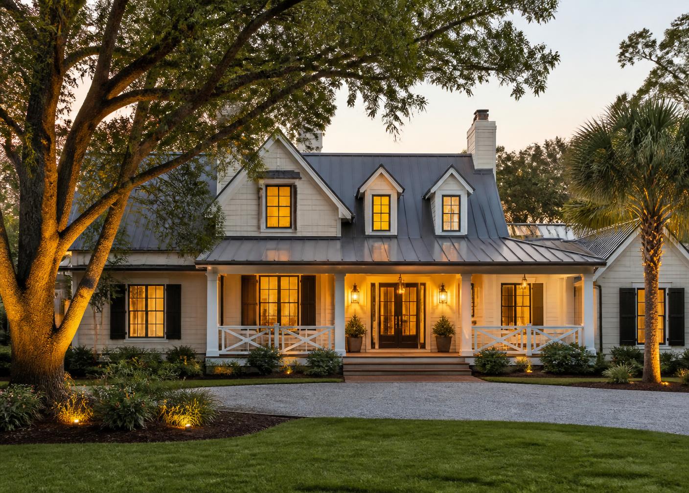 Welcoming South Carolina home at dusk